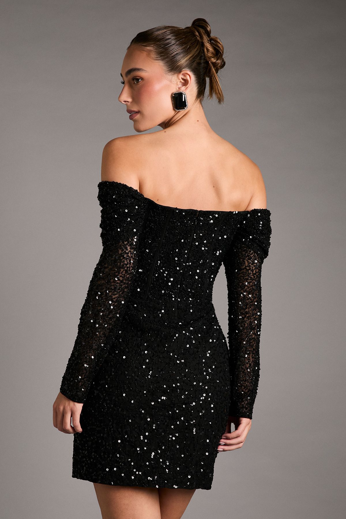 Coast Sequin Party Bardot Long Sleeve Wrap Skirt Mini Dress Black image 3