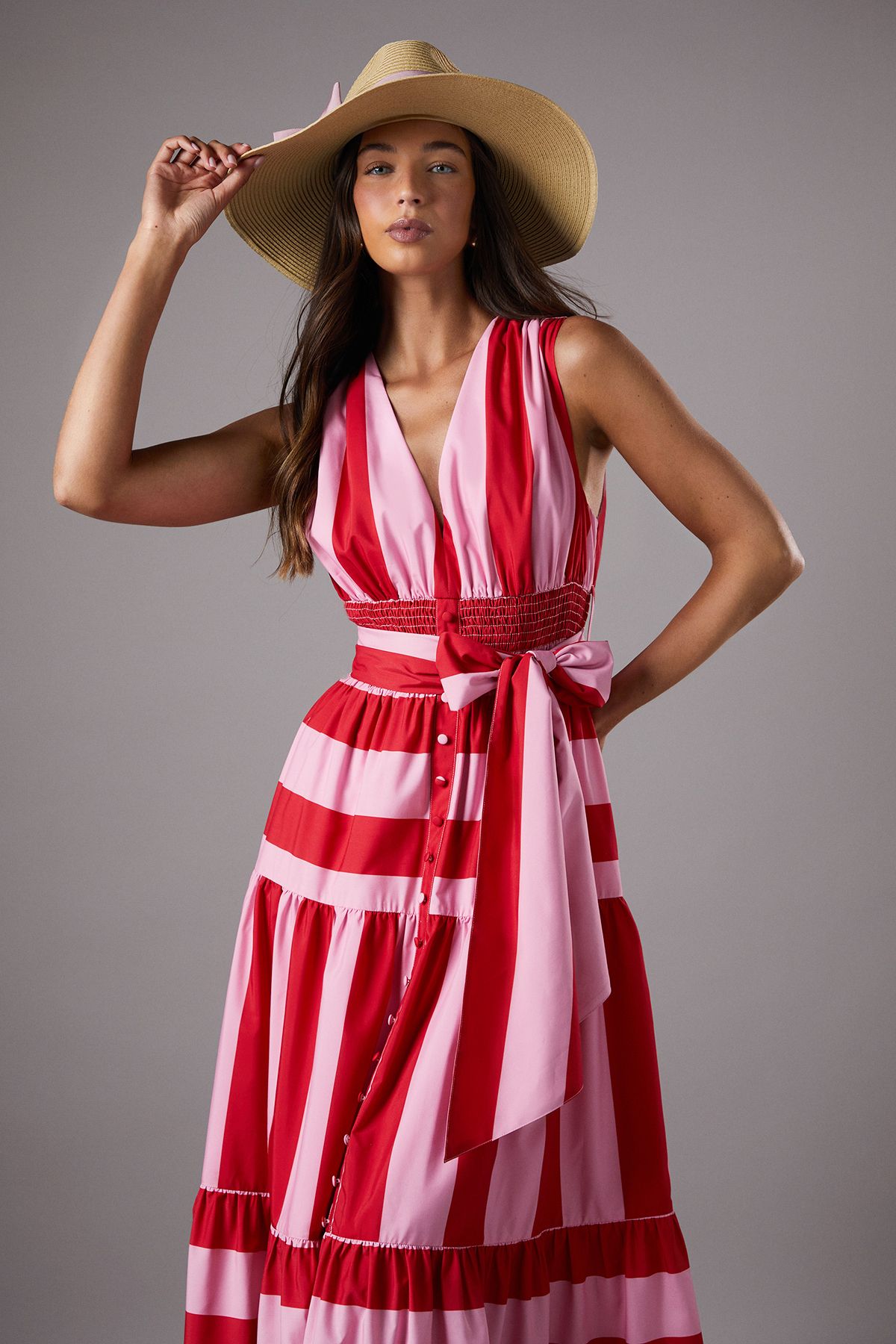 Coast Lisa Tan Polo Stripe Belted Button Through Dress Pink image 4