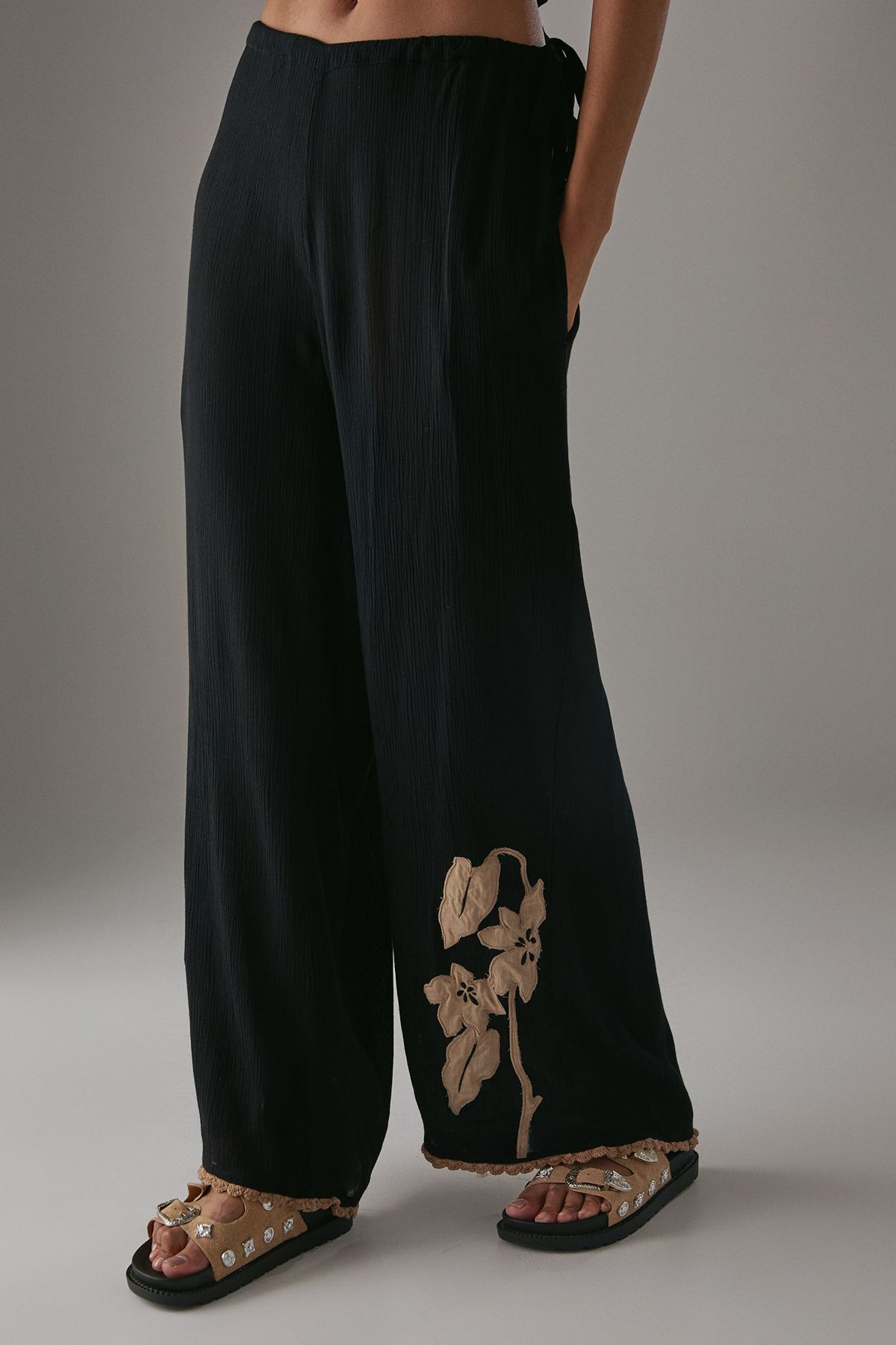 Warehouse HCD Cheesecloth Embroidered Mid Waist Tie Side Trousers Black image 2