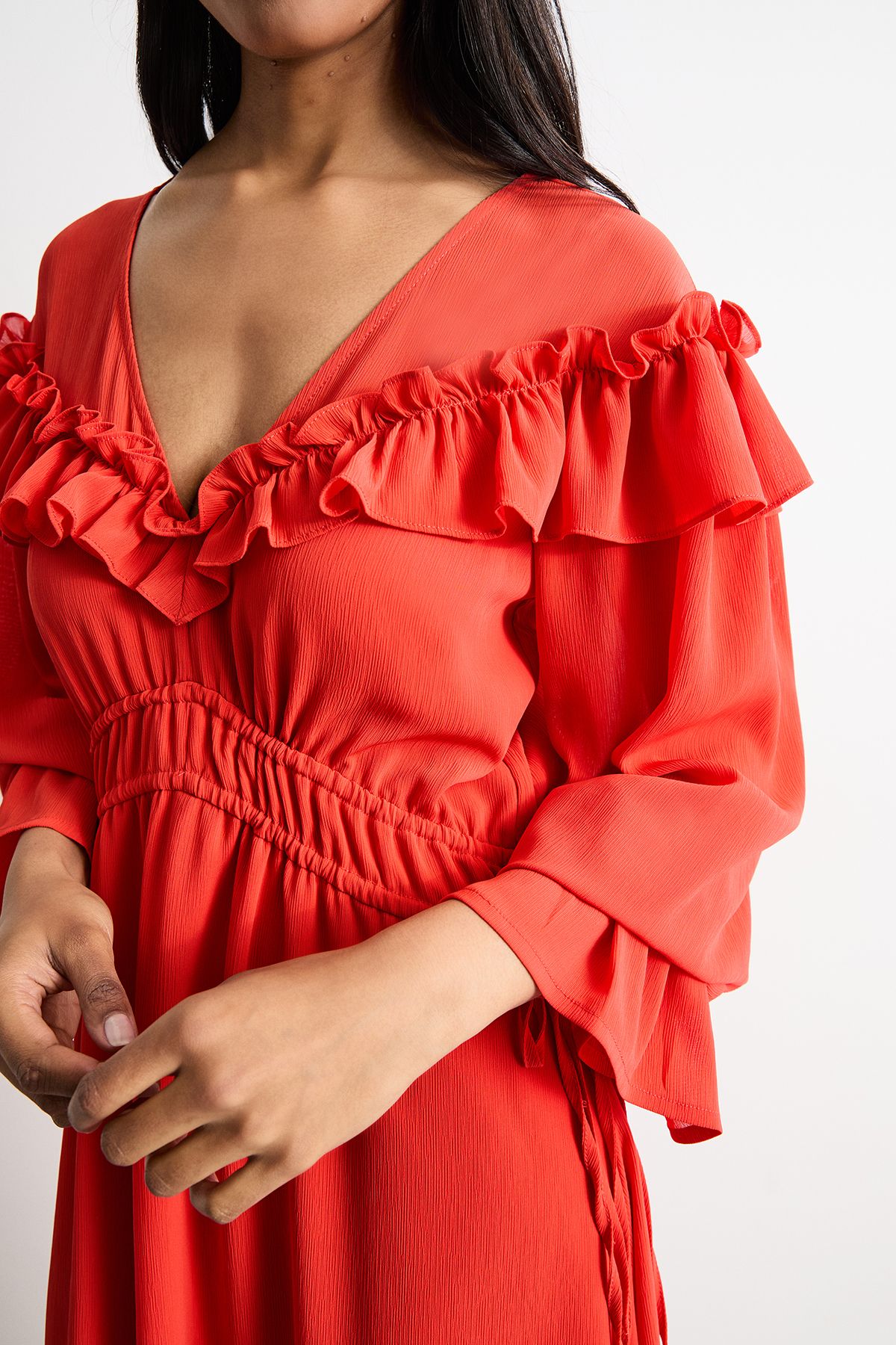 Warehouse Ruffle Shoulder Detail V Neck Boho Maxi Dress Red image 4
