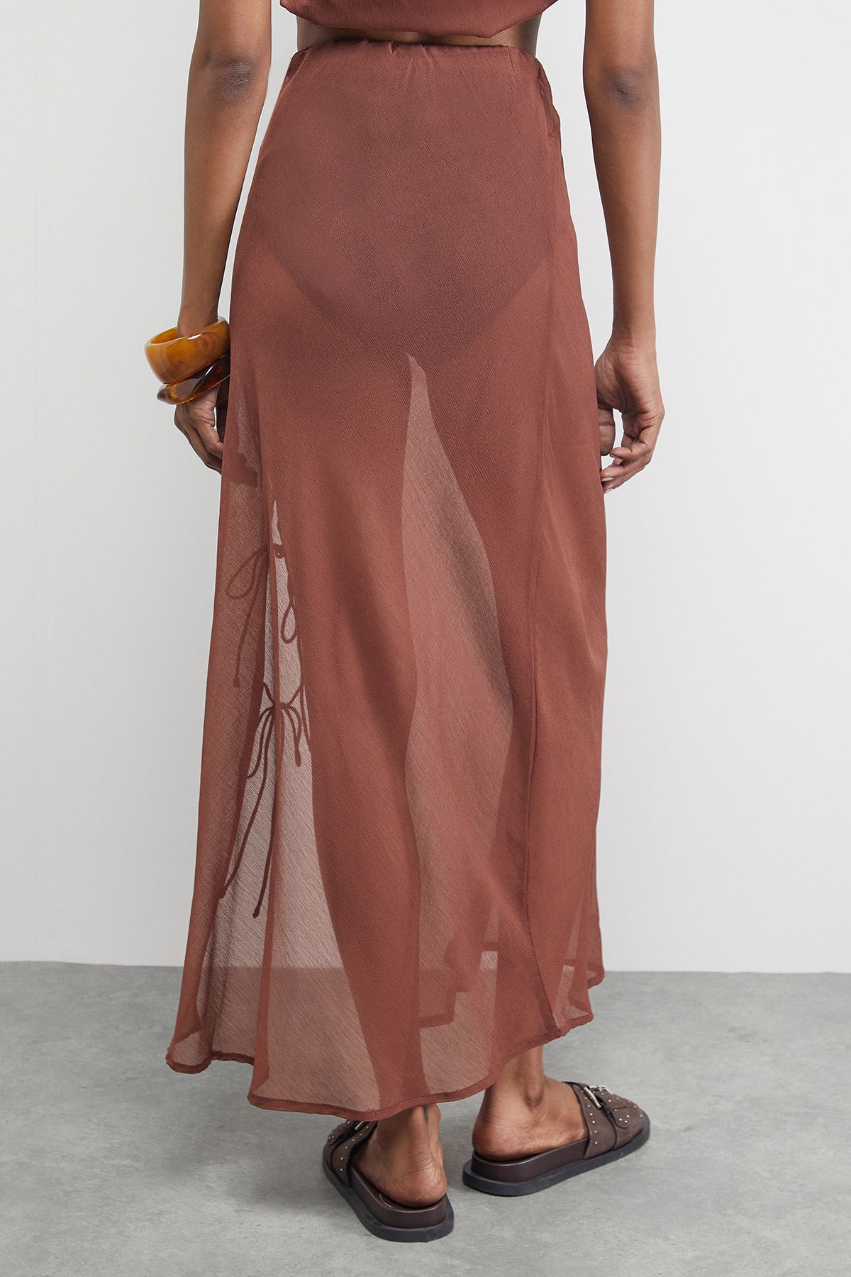 Warehouse Chiffon Tie Side Column Midi Skirt Chocolate image 3