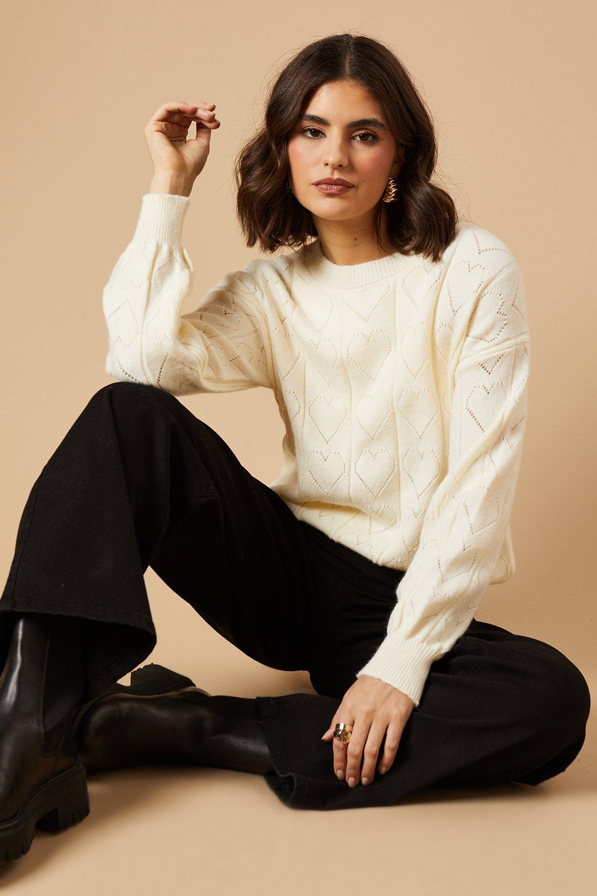 Oasis Heart Pointelle Crew Neck Jumper Cream image 1