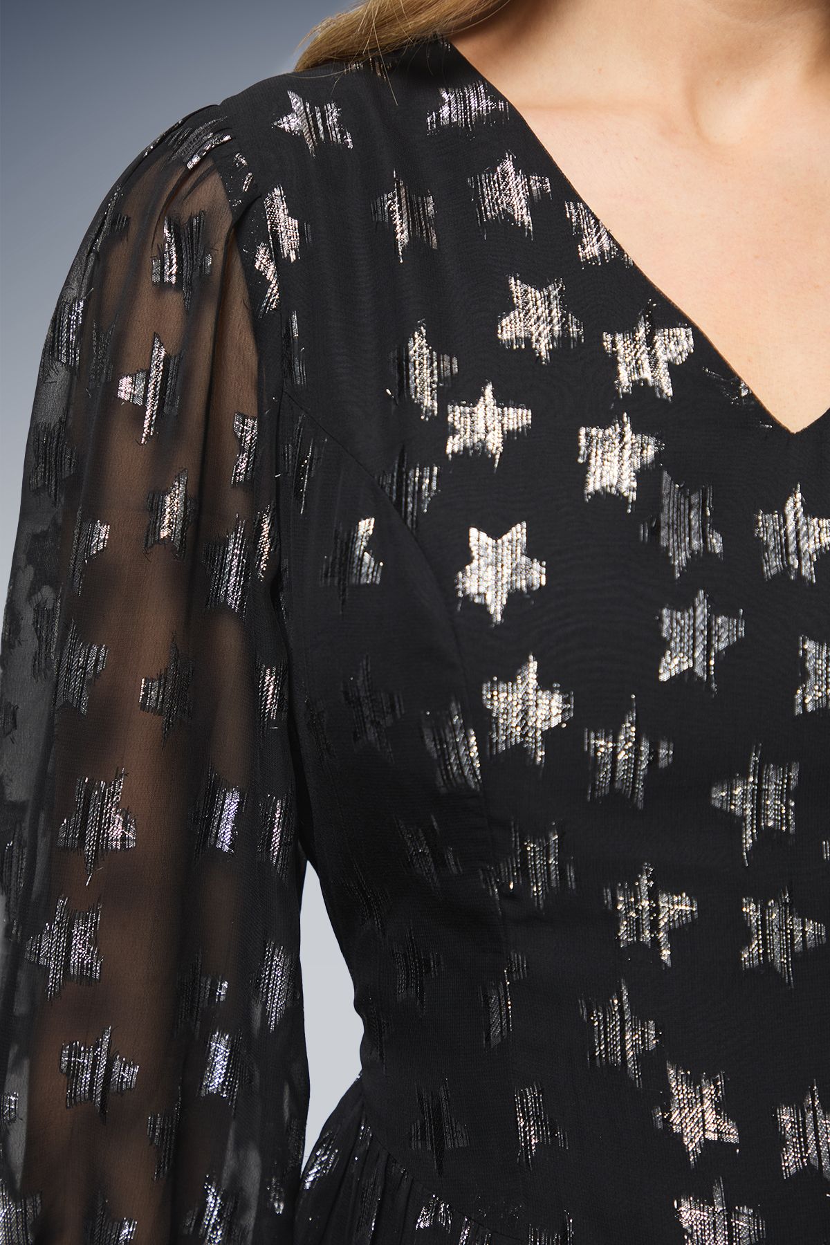 Dorothy Perkins DP Luxe Star Jacquard V Neck Blouson Sleeve Midi Dress Black image 5