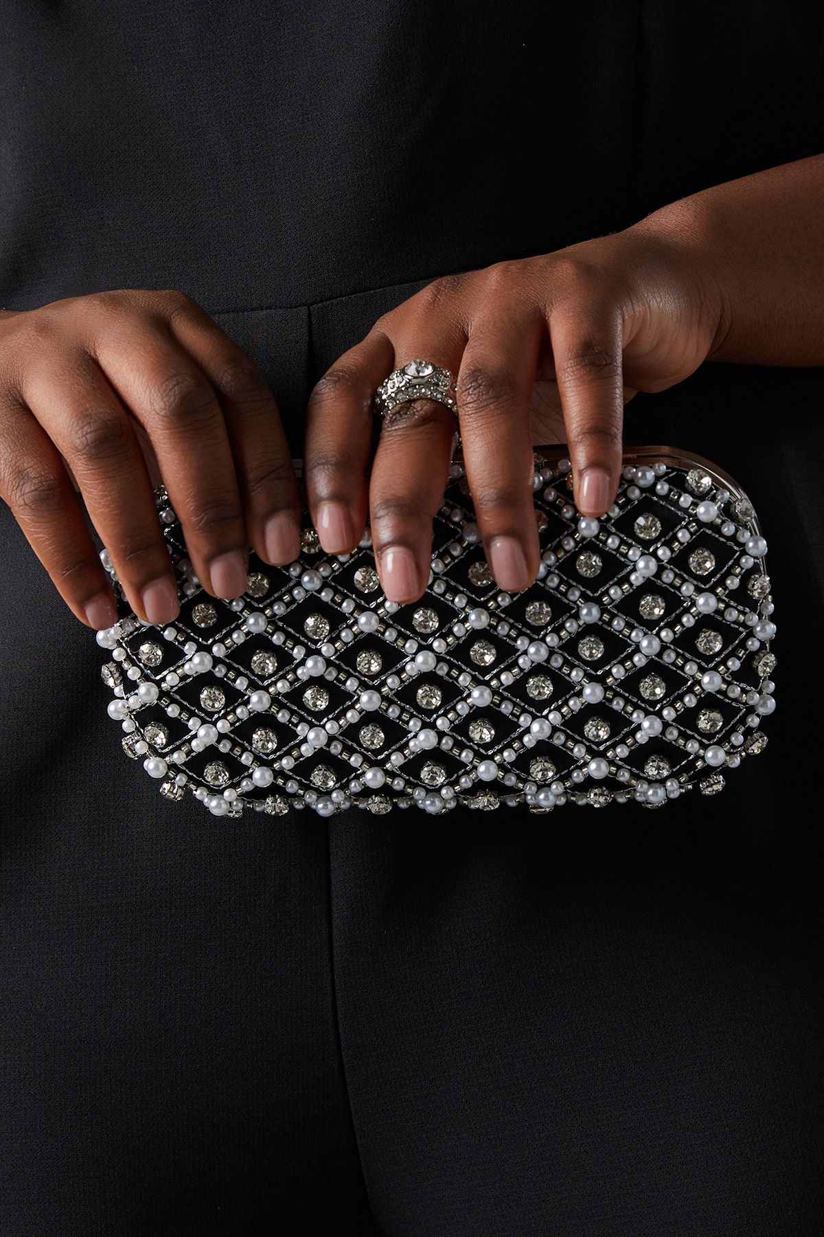 Coast Maldives Pearl Diamante Detail Hard Clutch Bag Black image 1