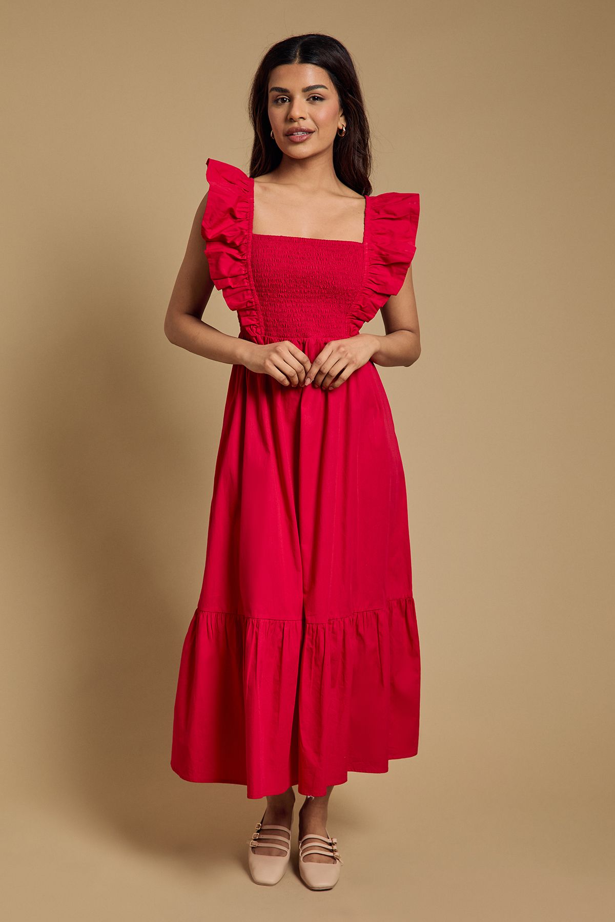 Dorothy Perkins Petite Shirred Bodice Frill Sleeve Tiered Hem Poplin Maxi Dress Red
