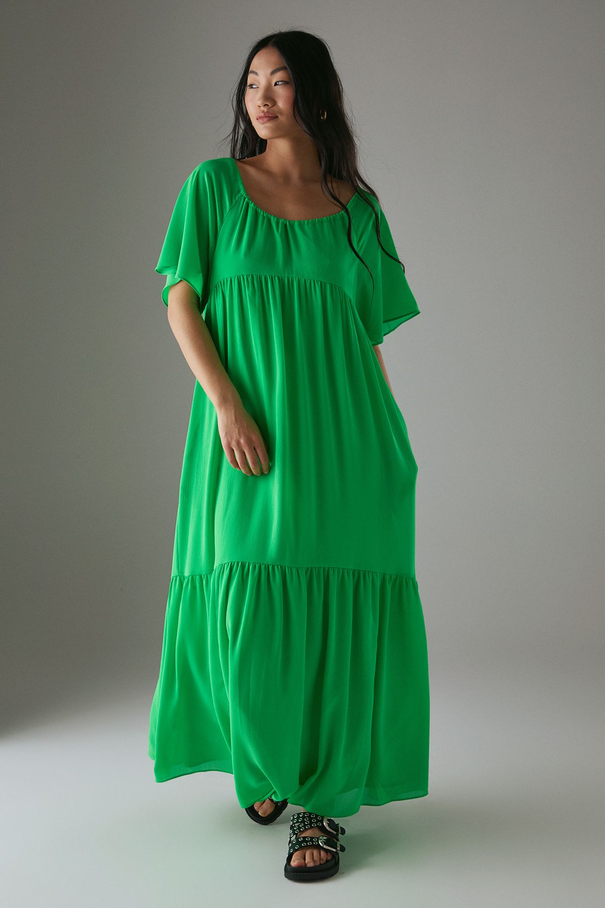 Warehouse Petite Chiffon Tier Smock Midi Dress Green