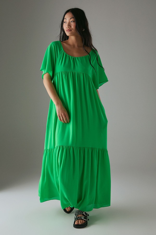 Warehouse Petite Chiffon Tier Smock Midi Dress Green