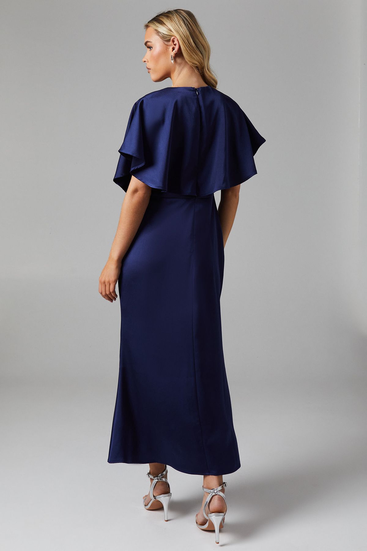 Oasis Petite Cape Sleeve Satin Bridesmaid Midi Dress Navy image 3