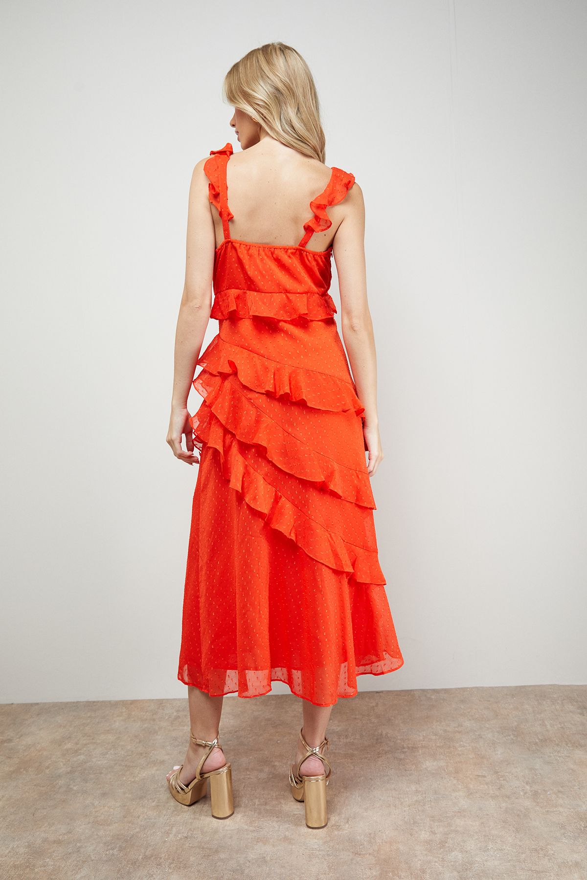 Oasis Dobby Ruffle V Neck Tiered Midi Dress Orange image 3