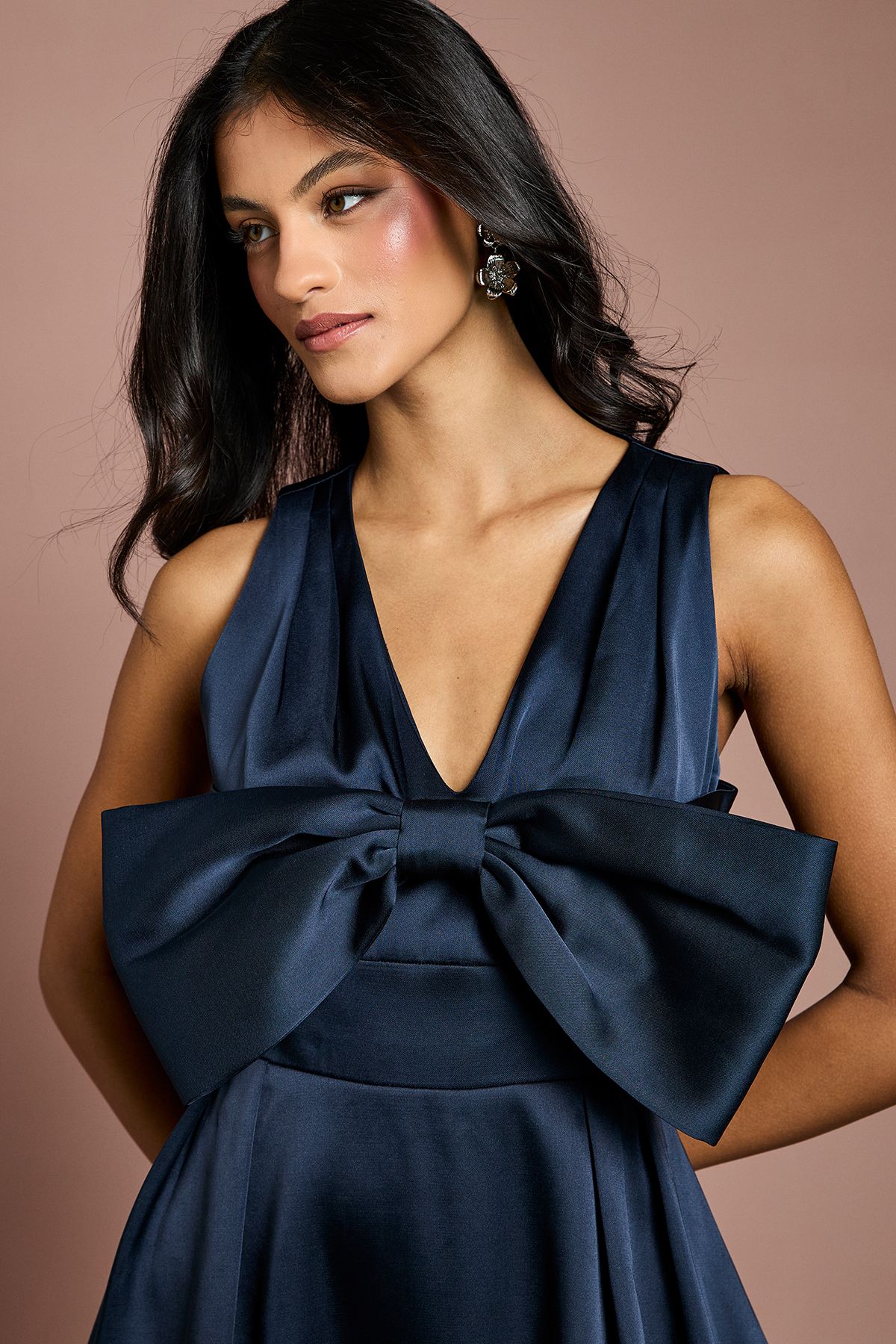 Coast Petite Satin Midi Dress With Bow Detail Navy image 4