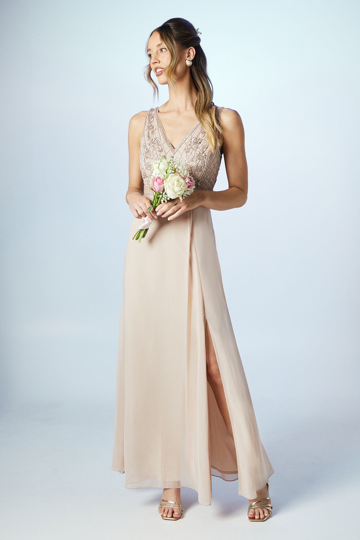 Coast V Neck Embellished Bodice Georgette Bridesmaid Dress Mocha image 1