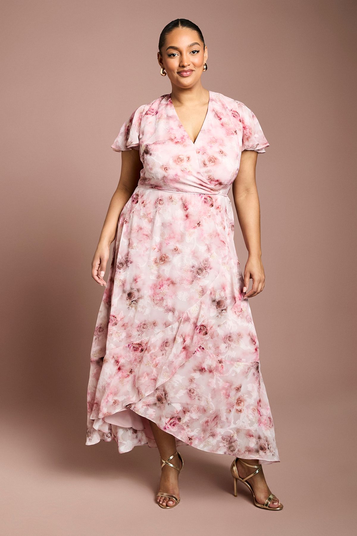 Coast Plus Printed Satin Jacquard Twist Front Midi Dress Pink