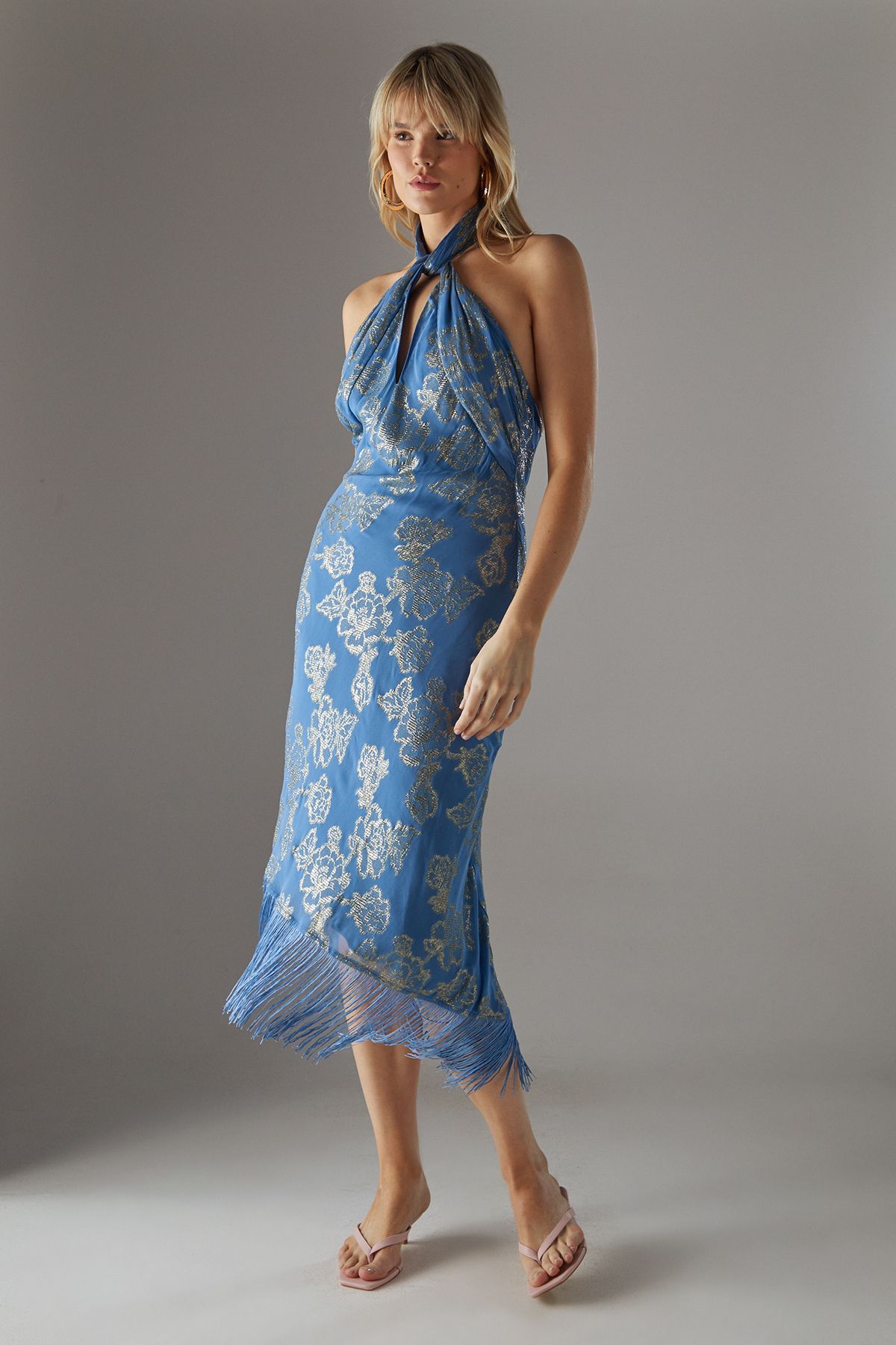 Warehouse Metallic Chiffon Fringe Hem Halter Wrap Front Midi Dress Blue image 1