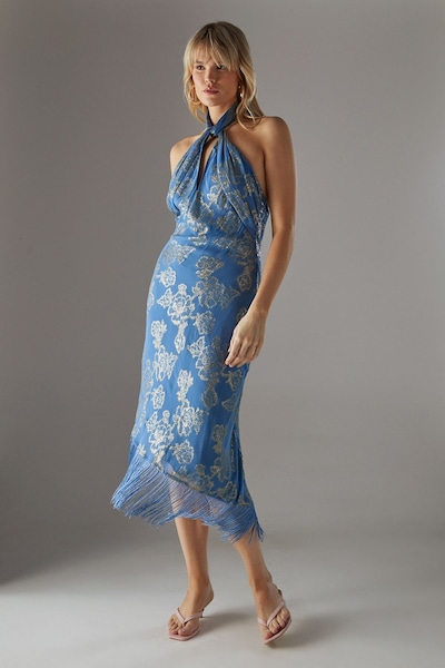 Warehouse Metallic Chiffon Fringe Hem Halter Wrap Front Midi Dress Blue