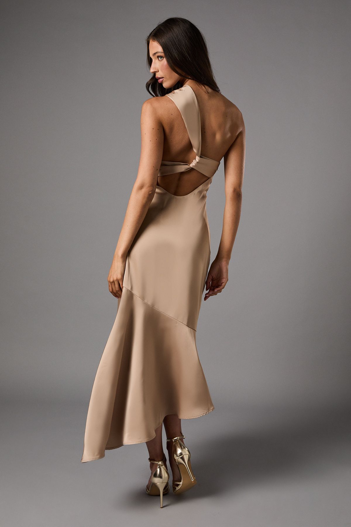 Coast Bow One Shoulder Asymmetric Satin Midi Dress Bronze image 3
