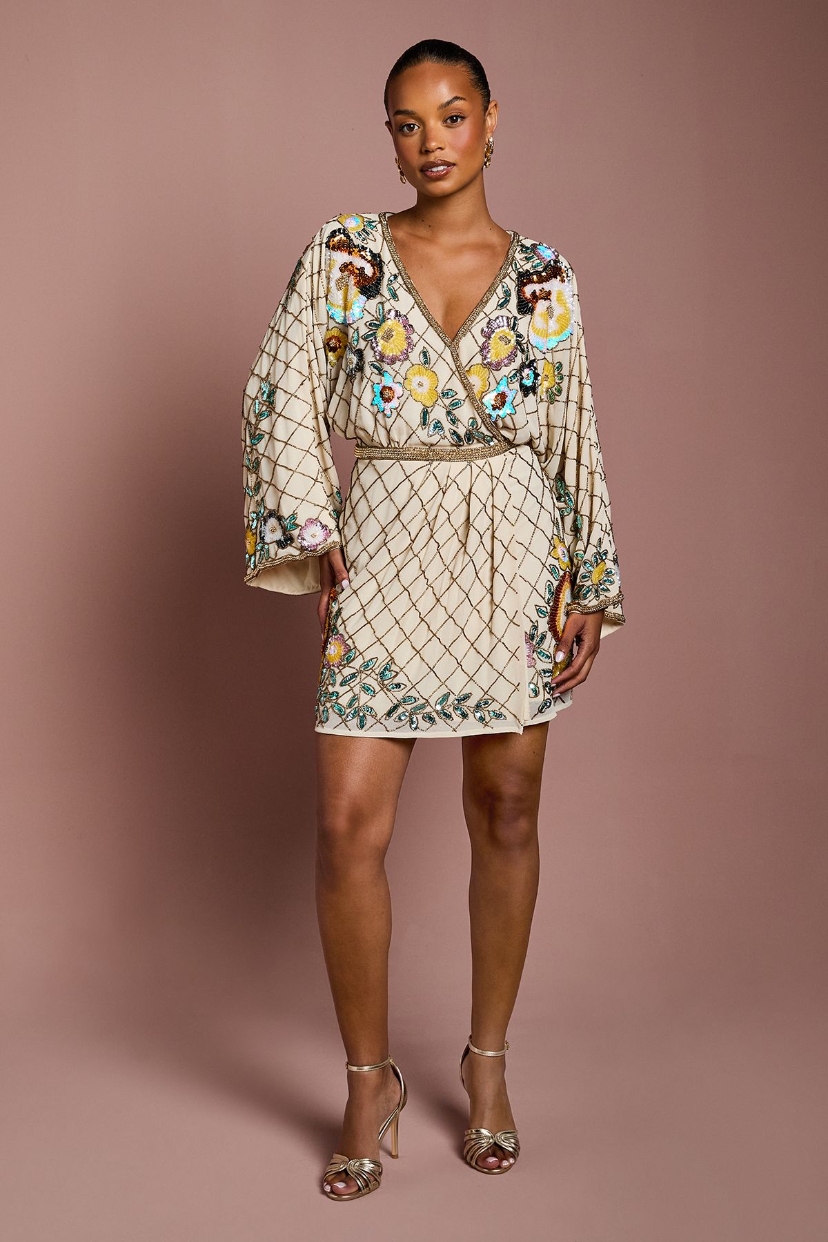 Coast Petite Wrap Top Floral Embellished Mini Dress Champagne