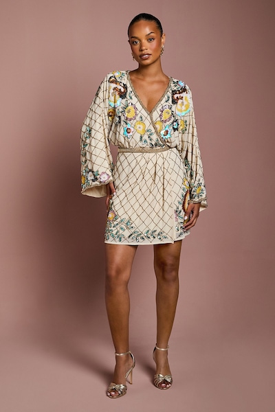 Coast Petite Wrap Top Floral Embellished Mini Dress Champagne