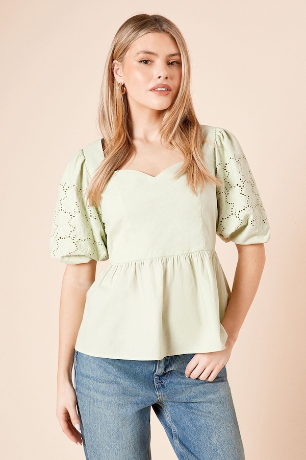 Dorothy Perkins Cutwork Sleeve Poplin Blouse Mint