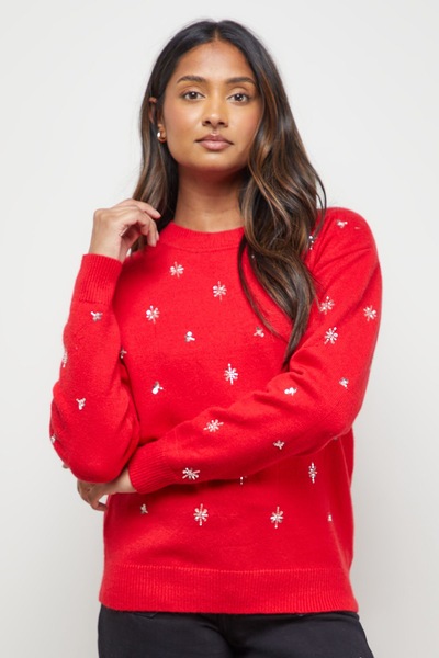 Oasis Embellished Crew Neck Jumper Red