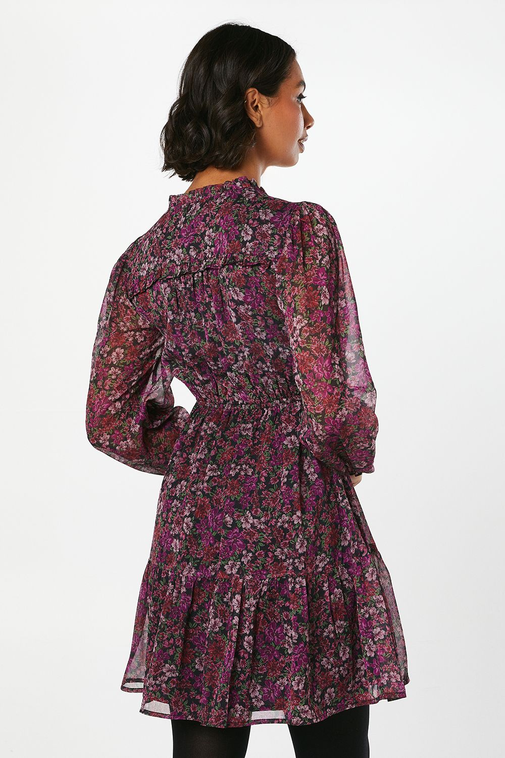 Dorothy Perkins Pink Floral Chiffon Ruffle Hem Long Sleeve Mini Dress Floral image 3