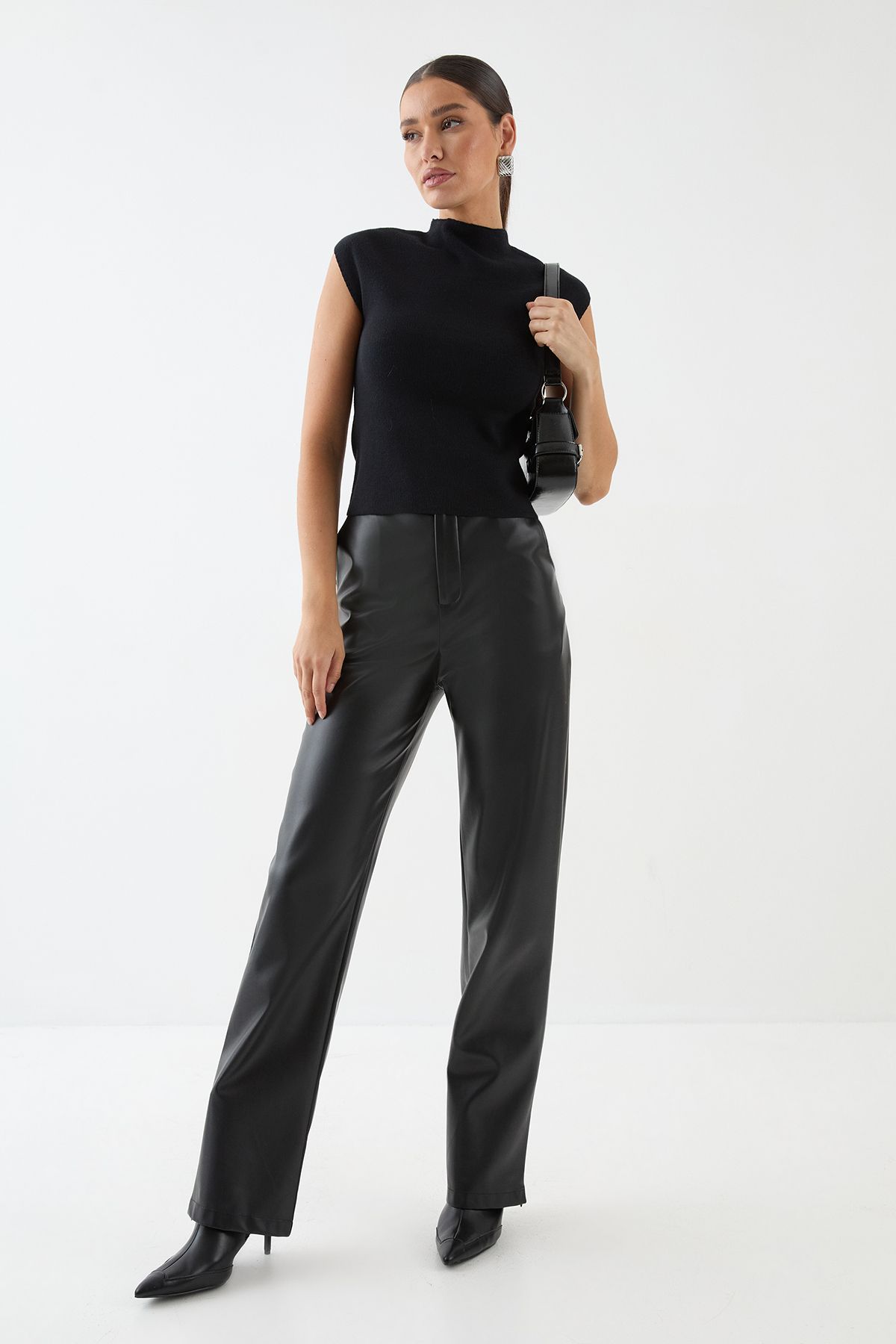 MissPap Premium High Neck Knitted Capped Sleeve Top Black image 4