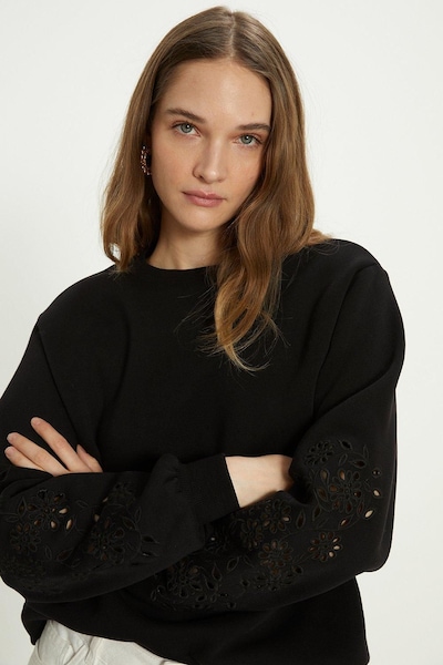 Oasis Embroidered Broderie Sleeve Sweatshirt Black