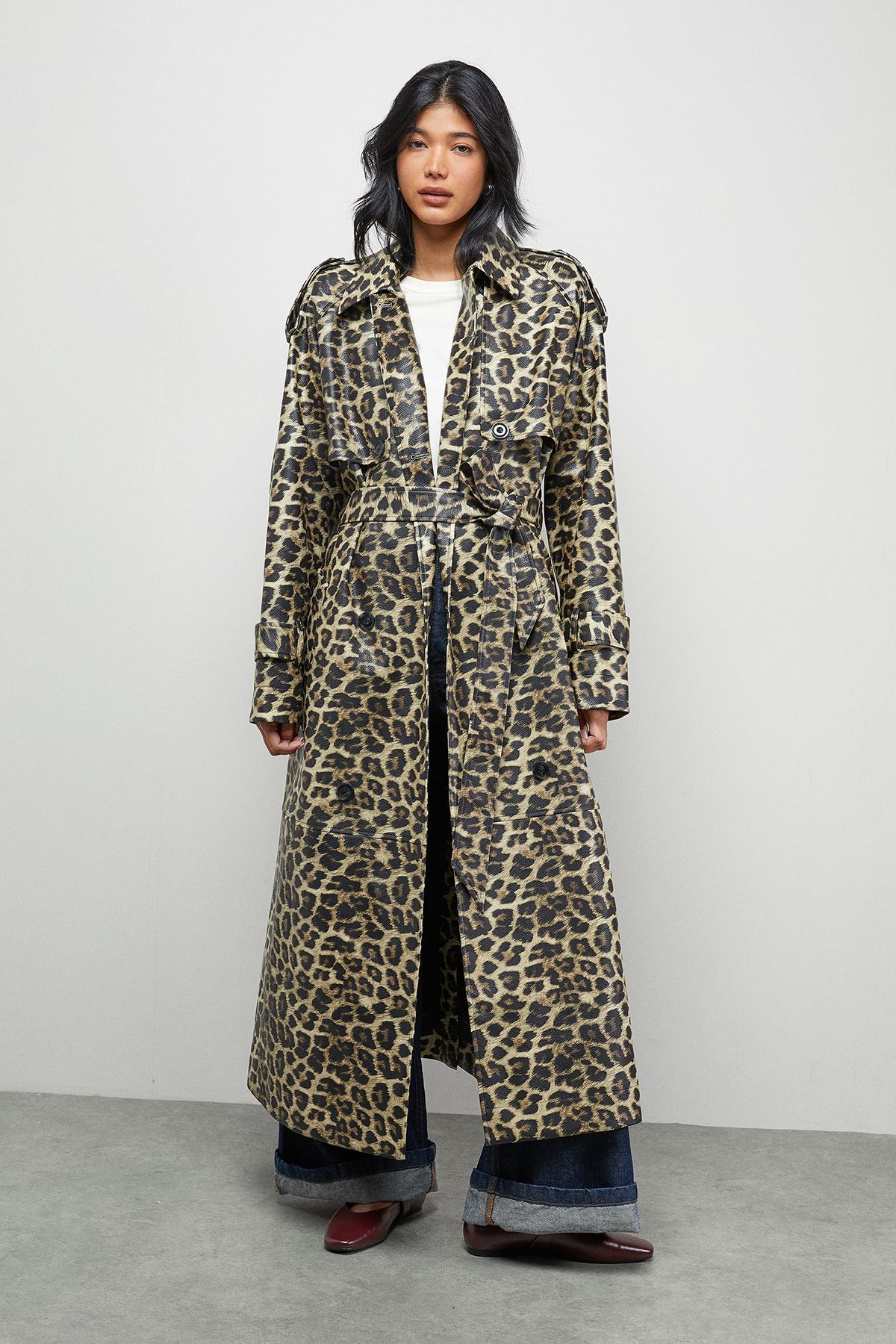 Warehouse PU Leopard Print Trench Coat Leopard image 1