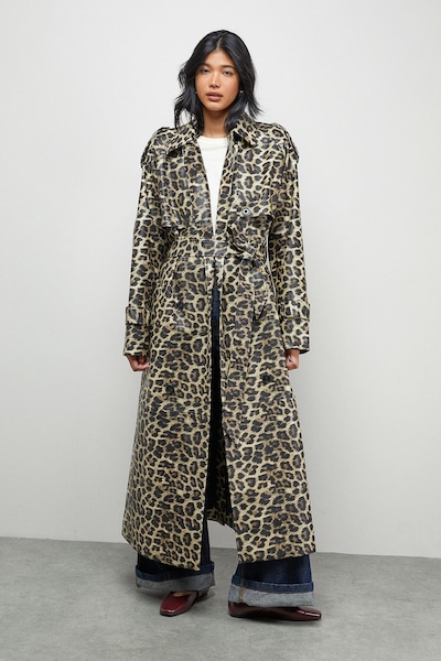 Warehouse PU Leopard Print Trench Coat Leopard