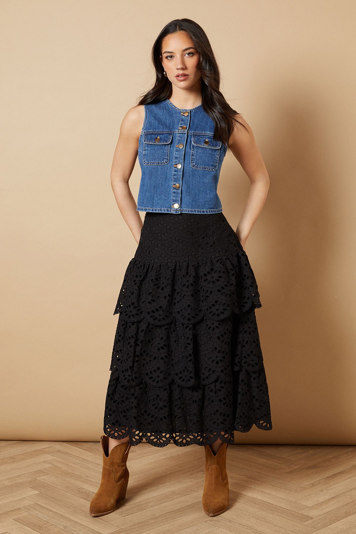 Oasis Broderie Tiered Midi Skirt Black image 1