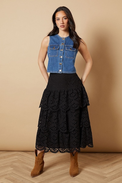 Oasis Broderie Tiered Midi Skirt Black