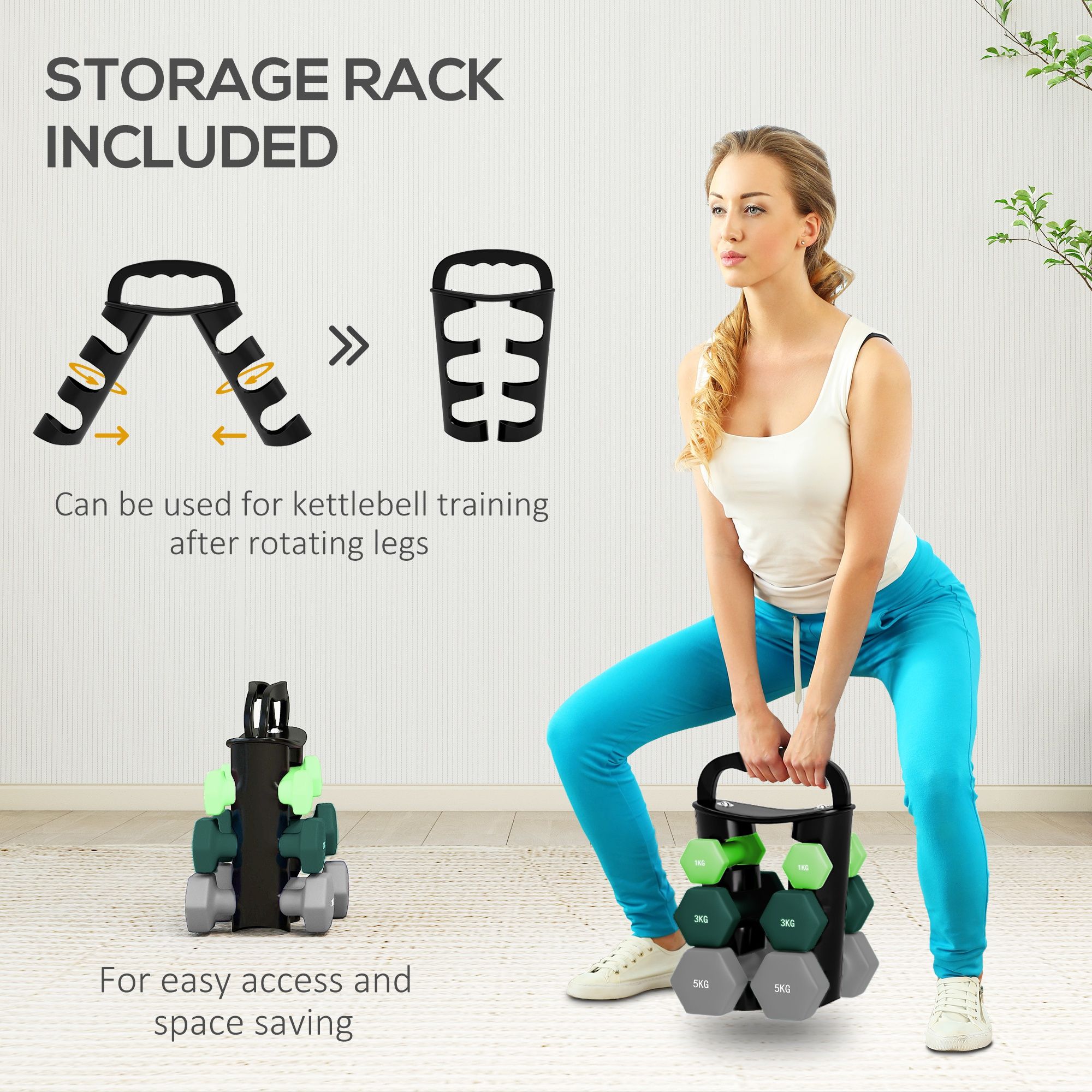 SPORTNOW Dumbbells Set with Storage Rack, 2 x 1kg, 2 x 3kg, 2 x 5kg, Green image 6