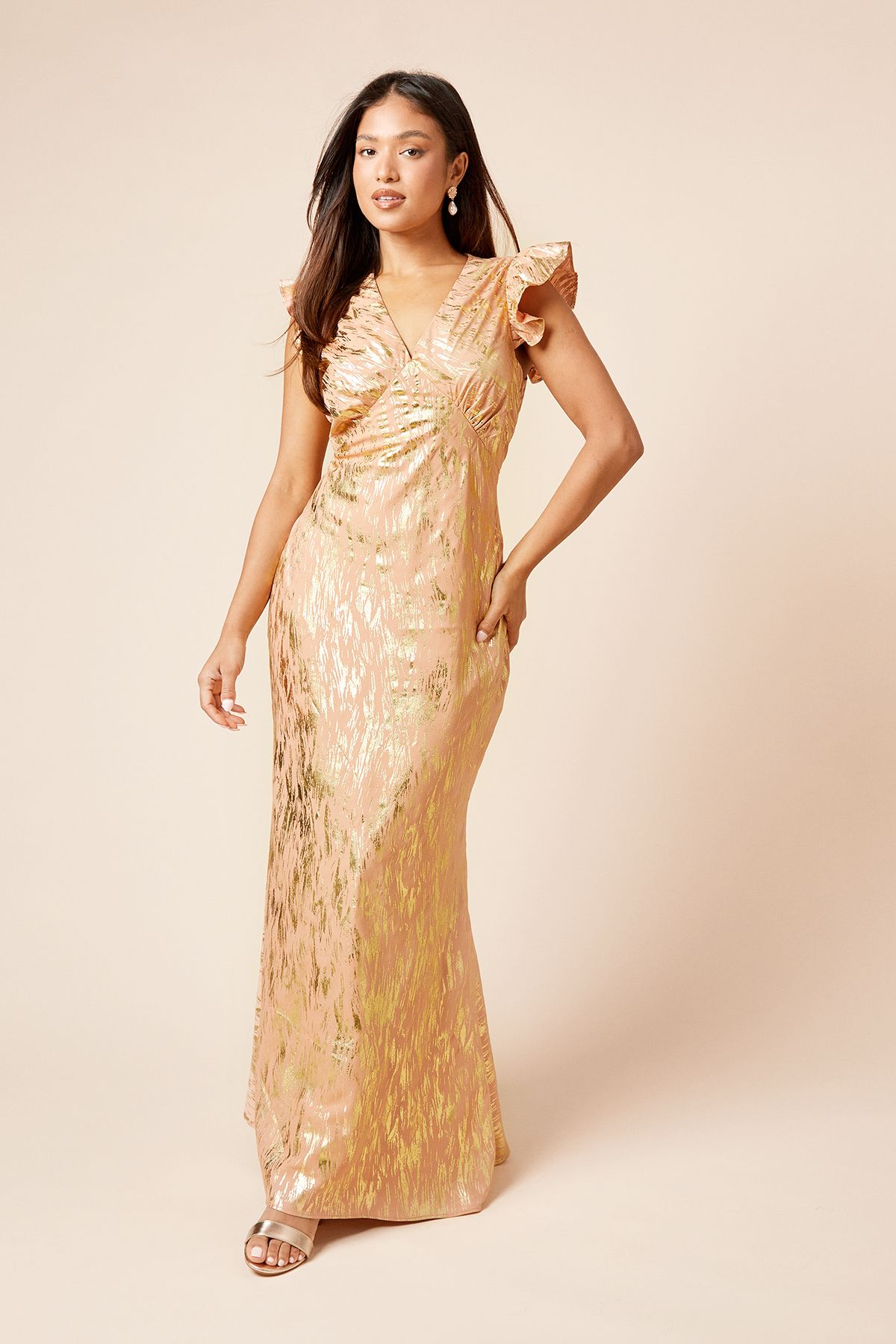 Dorothy Perkins DP Luxe Petite Metallic Frill Shoulder Midi Dress Apricot image 1