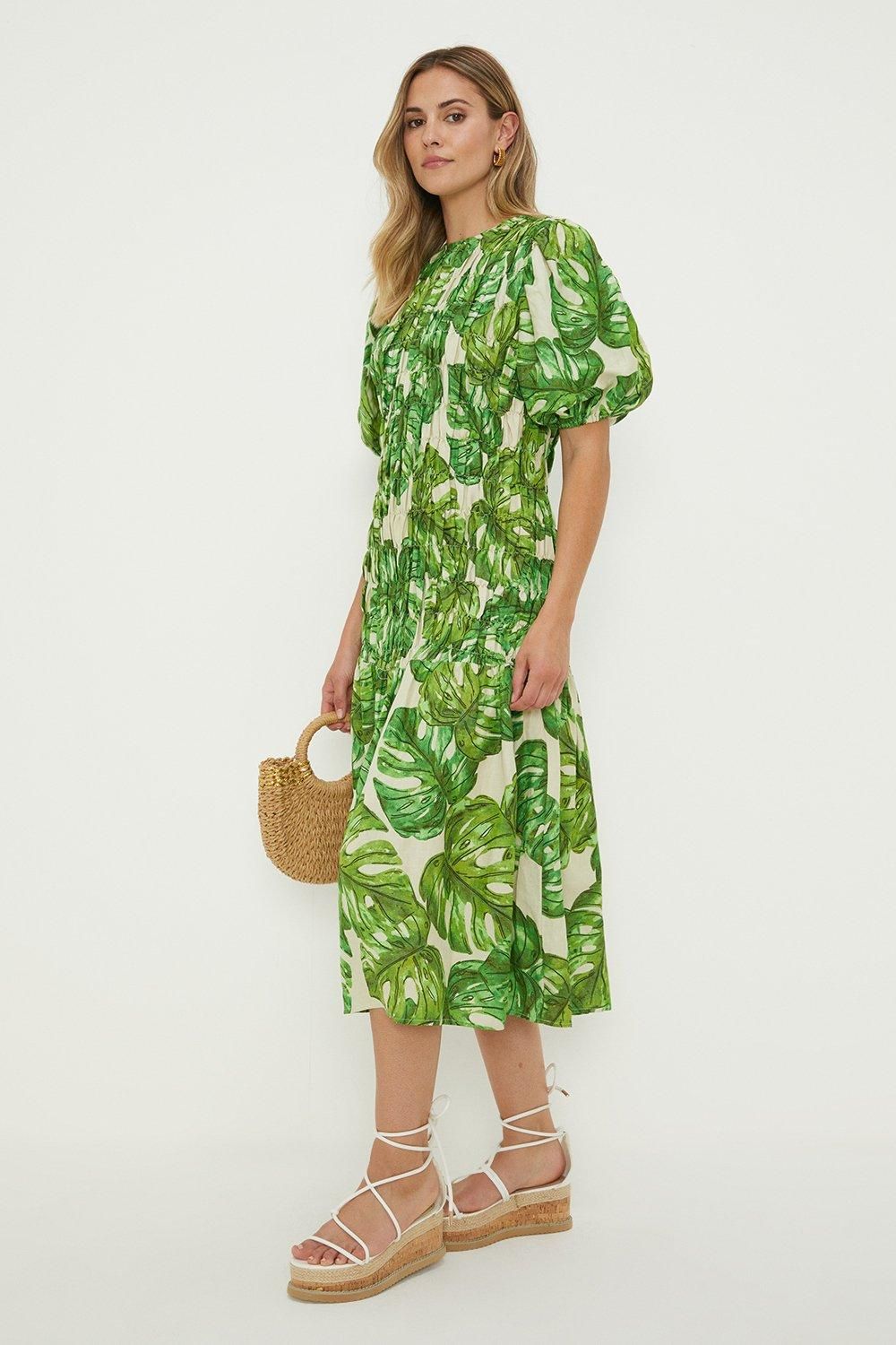 Dorothy Perkins Leaf Printed Shirred Waist Midi Dress Green