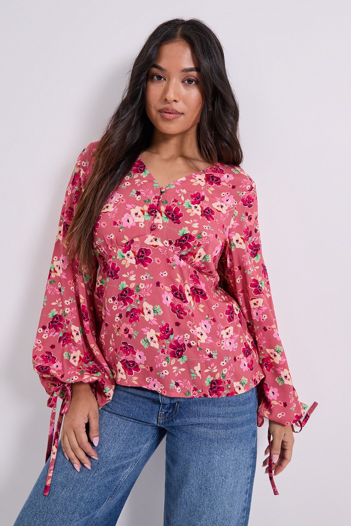 Dorothy Perkins Petite Button Tie Detail Printed Top Pink image 1