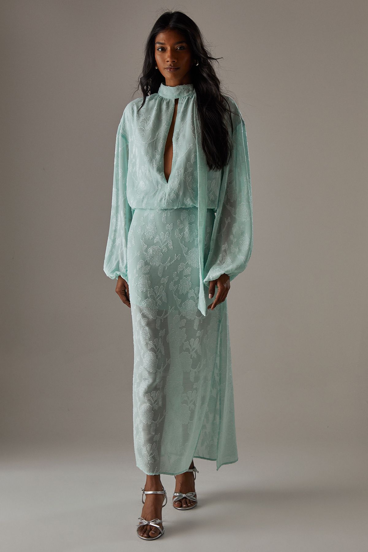 Warehouse Chiffon Jacquard High Neck Slash Front Blouse Apple Green