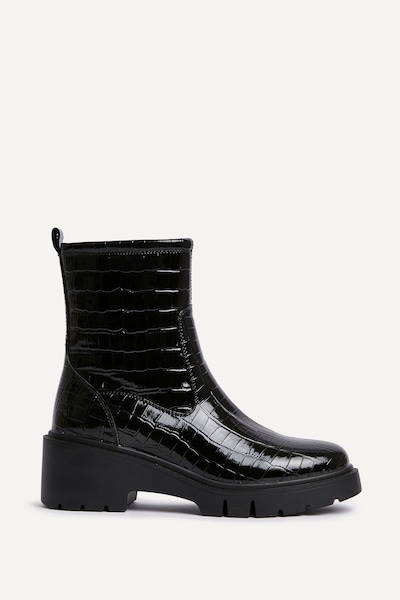 Linzi Limited Black Faux Croc Leather Ankle Boot