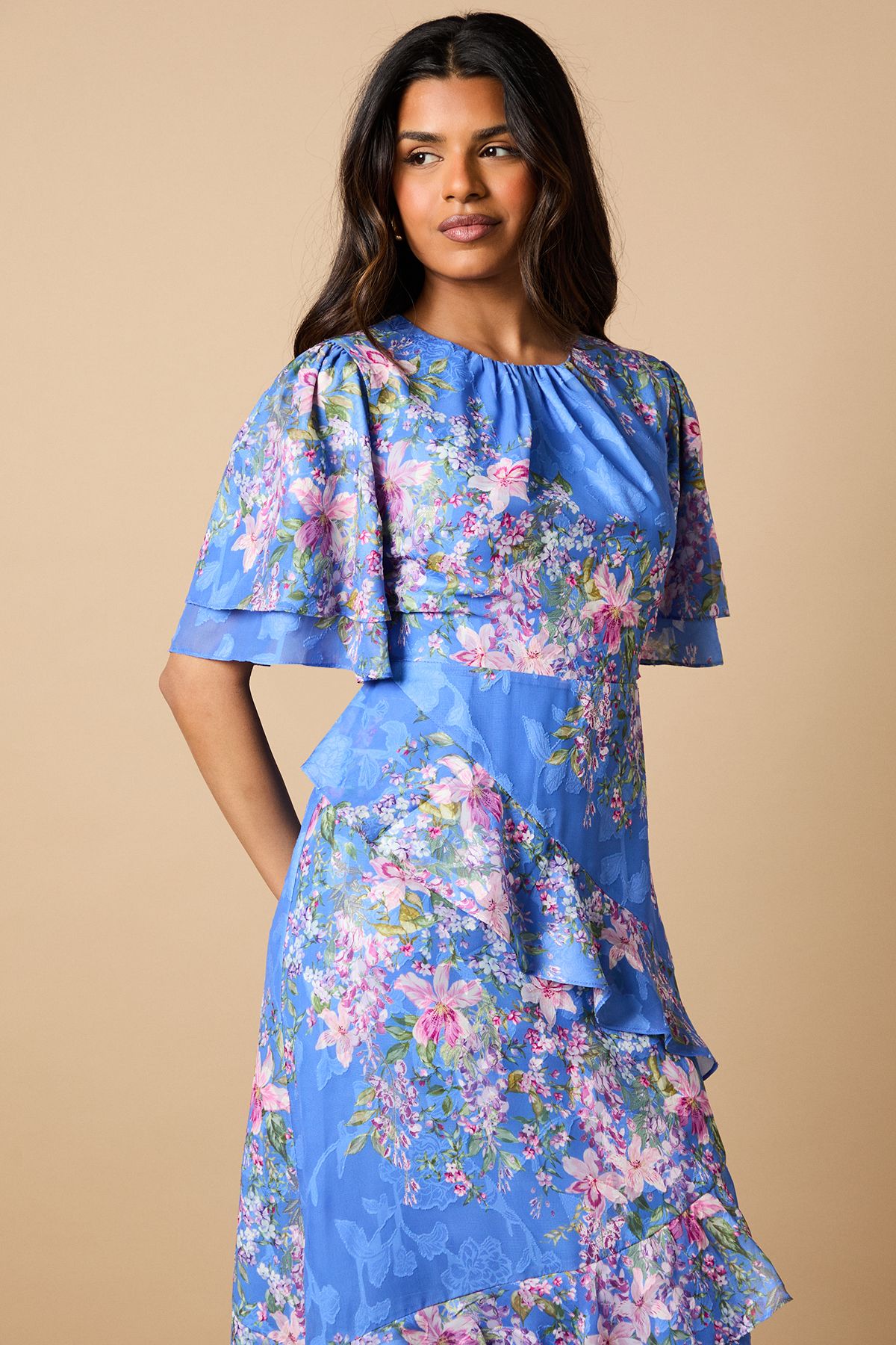 Oasis Petite Double Frill Satin Burnout Midi Dress Navy image 2