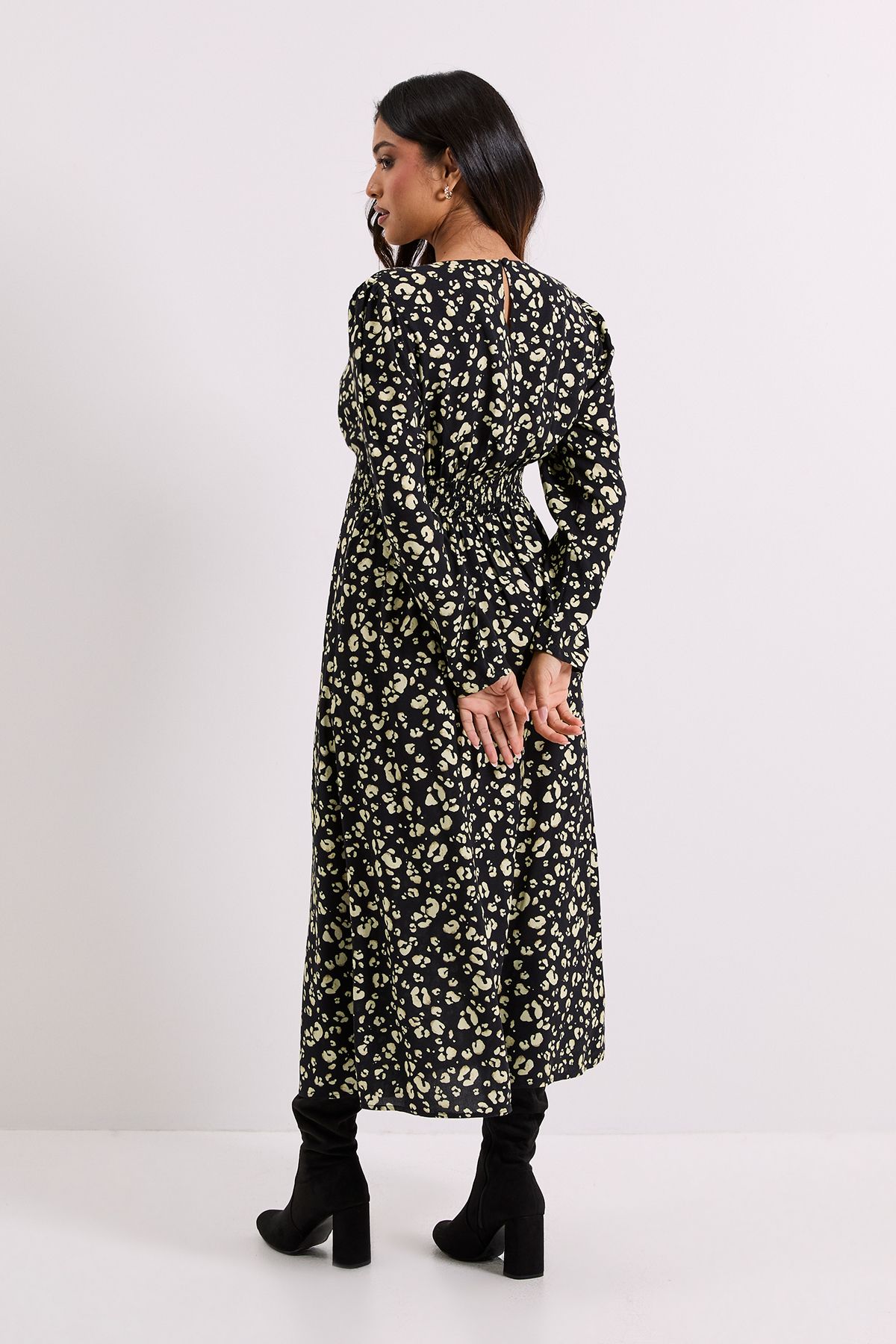 Dorothy Perkins Petite Yellow Animal Shirred Waist Button Detail Midi Dress Yellow image 3