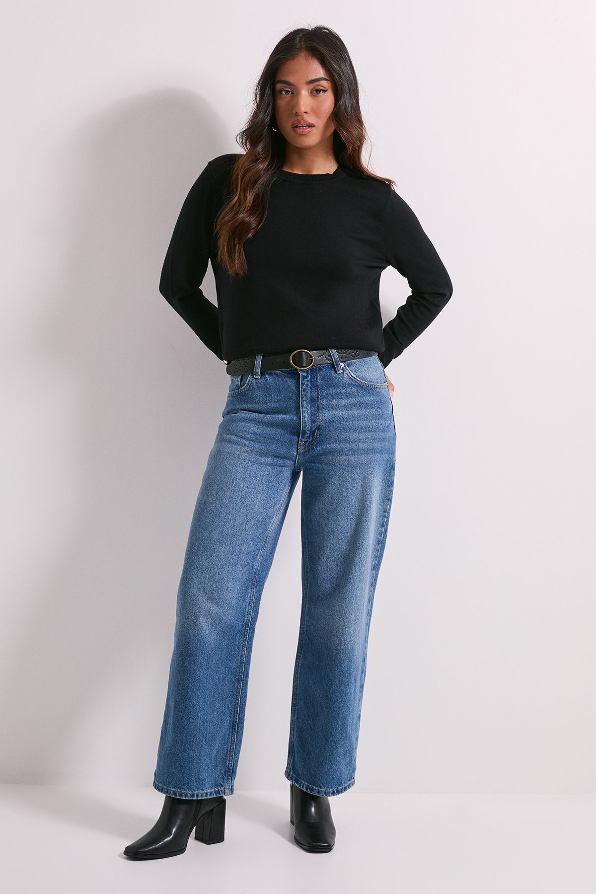 Dorothy Perkins Petite Black Crew Neck Button Cuff Jumper Black image 2