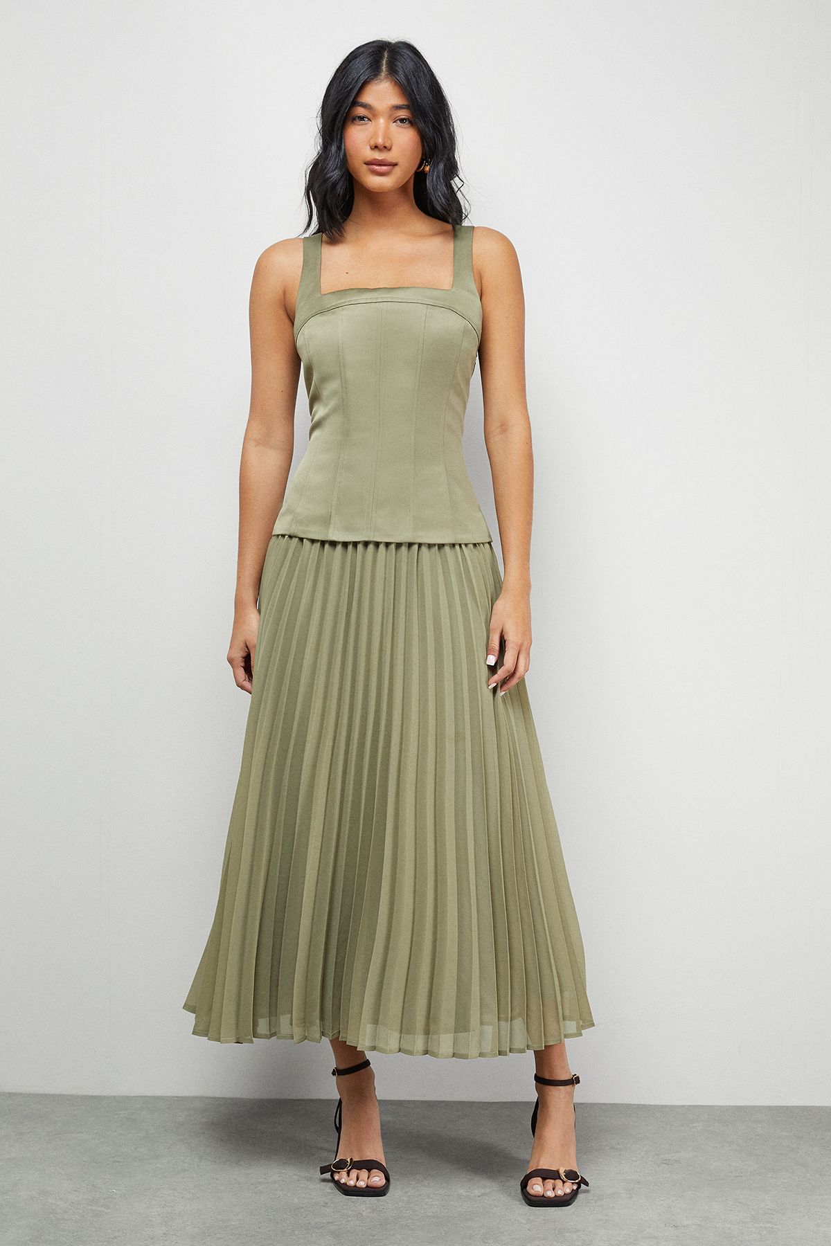Warehouse Olive Satin Fitted Bodice Chiffon Pleated Skirt Midi