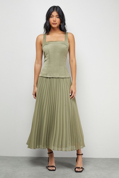 Warehouse Satin Fitted Bodice Chiffon Pleated Skirt Midi Dress Olive