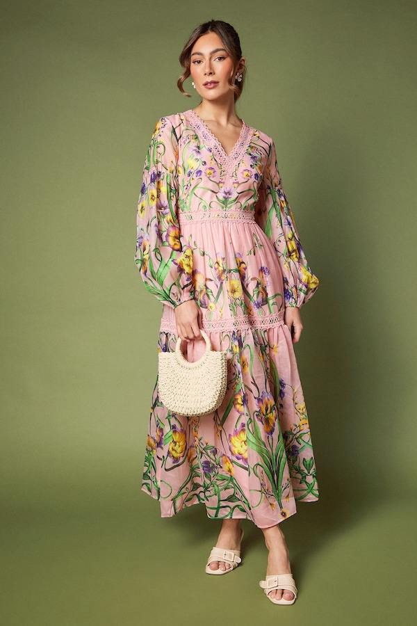 Coast Printed V Neck Long Sleeve Organza Midaxi Dress Pink