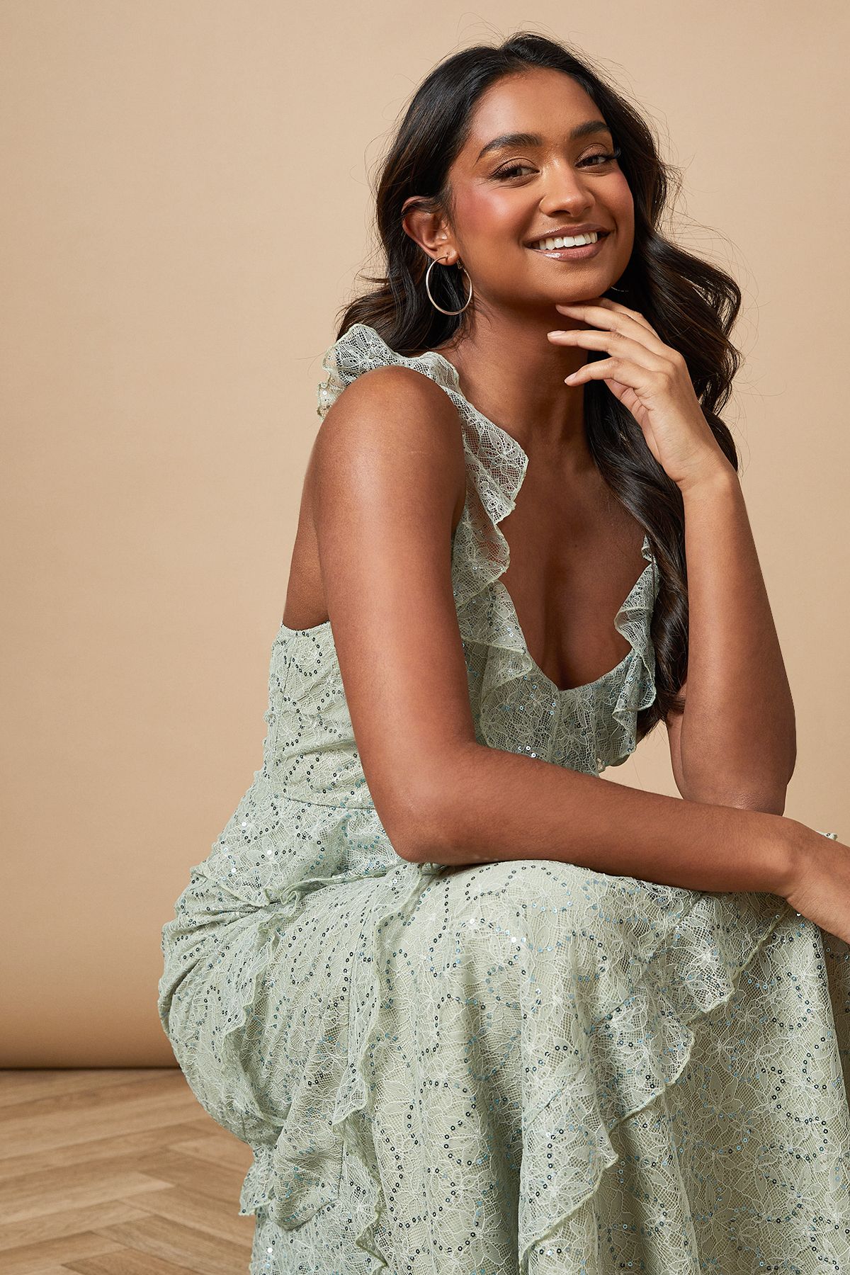 Oasis Sequin Lace Ruffle Detail Midaxi Dress Sage image 2