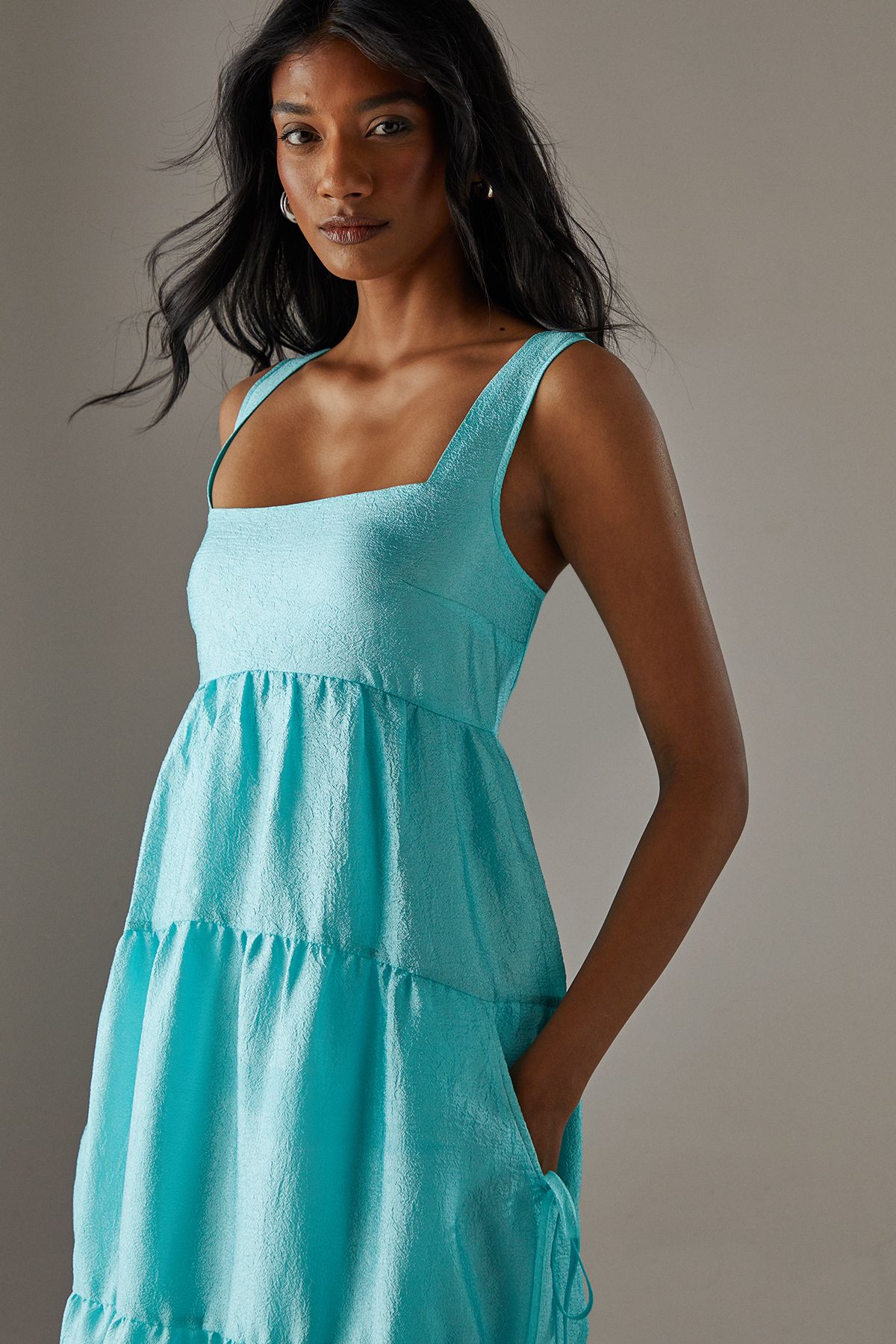 Warehouse Square Neck Smock Midi Dress With Below Pocket Aqua image 4
