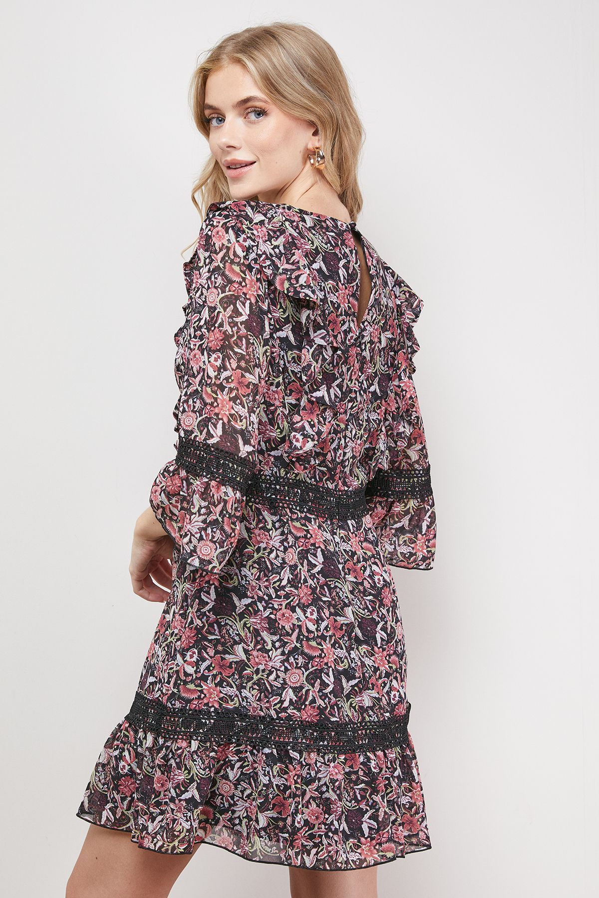 Oasis Printed Lace Detail V Neck Ruffle Mini Dress Multi image 3