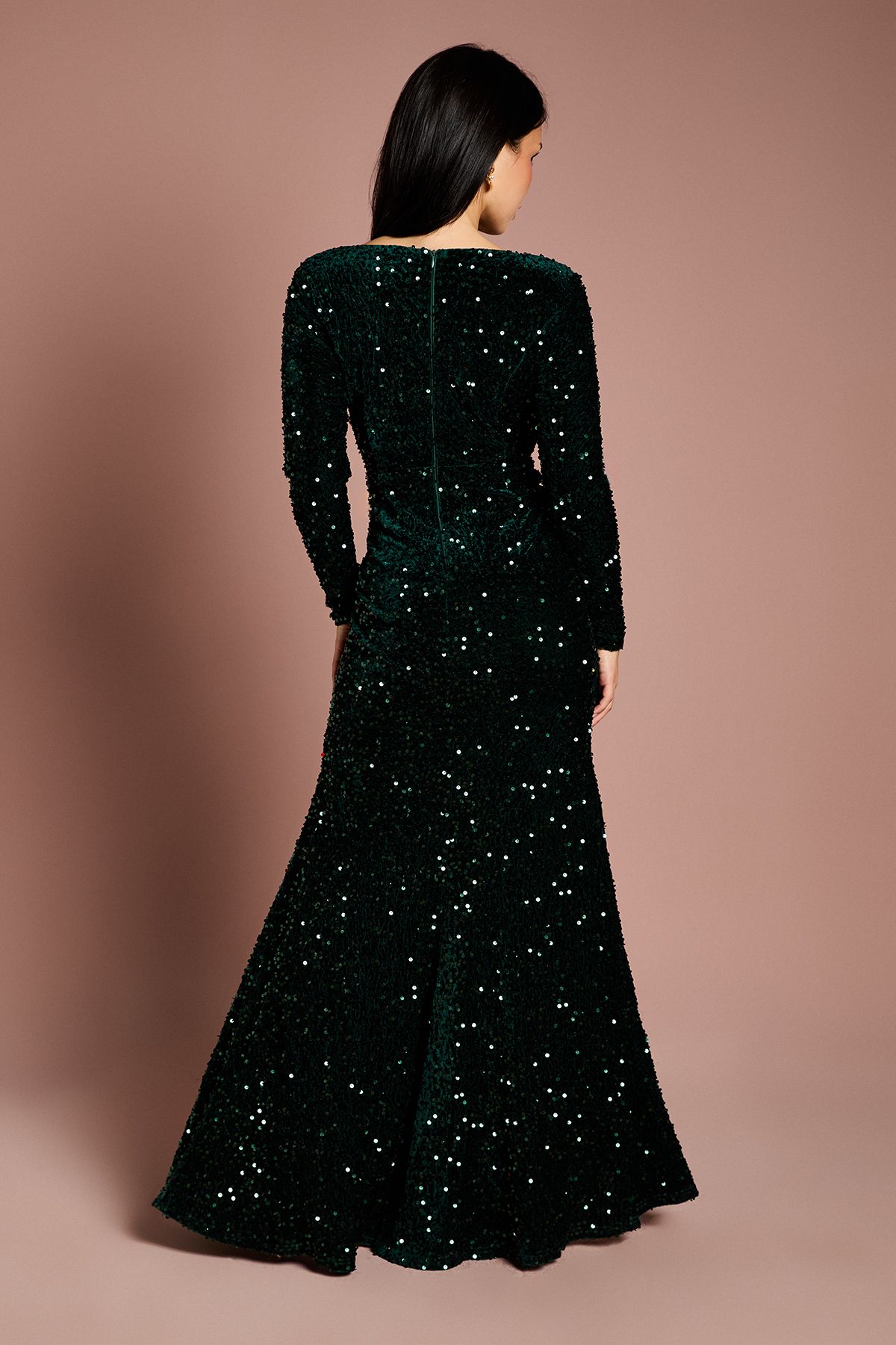 Coast Petite Square Neck Velvet Sequin Long Sleeve Maxi Dress Emerald image 3