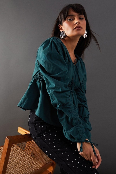 Warehouse Cotton Tie Front Volume Sleeve Blouse Dark Green
