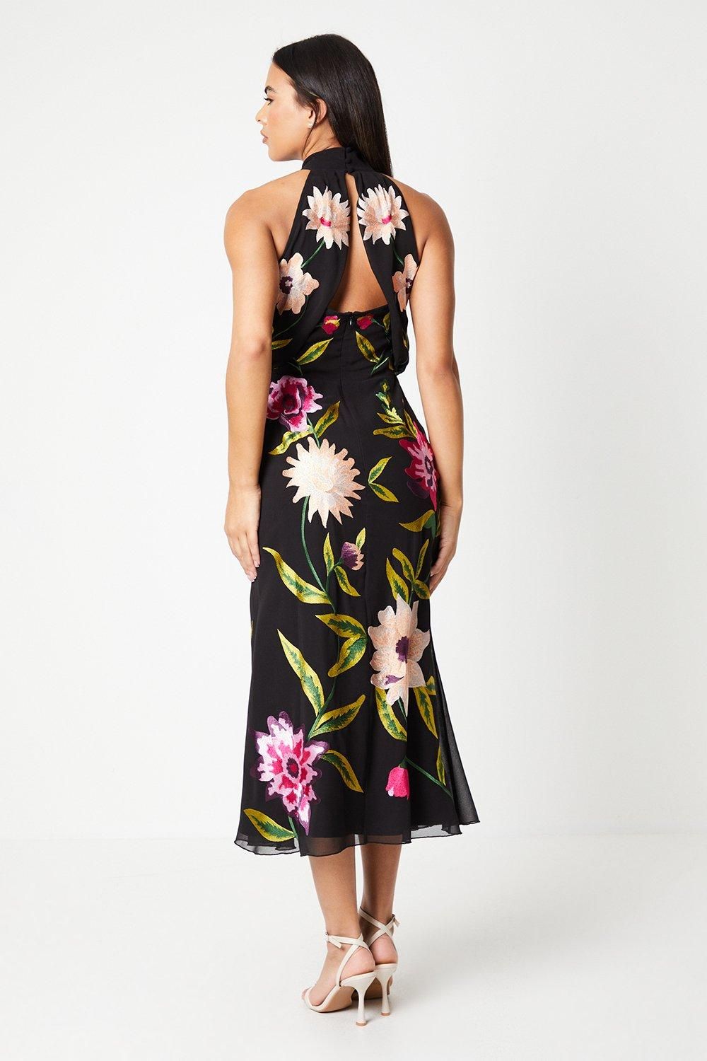 Coast High Neck Midi Dress With Floral Embroidery Black image 3