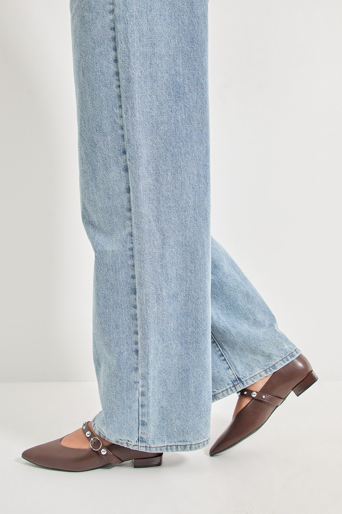 MissPap Faux Leather Studded Mary Jane Pointed Ballet Pumps Chocolate image 4