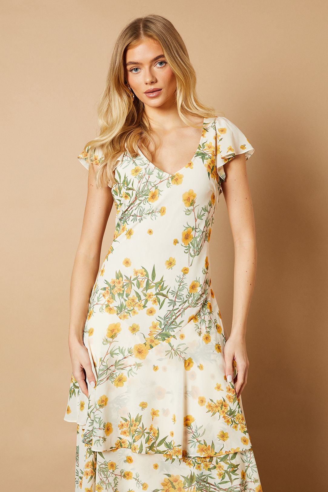 Oasis Floral Printed Chiffon Ruffle Tiered Maxi Dress Ivory image 4